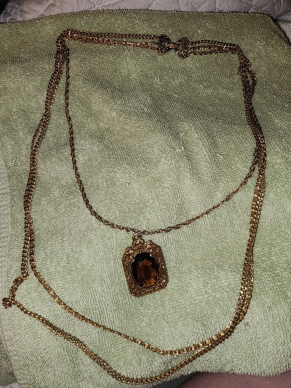VINTAGE GOLDETTE MULTICHAIN GOLD NECKLACE AMBER CRYSTAL 24.25" SIGNED JEWELRY